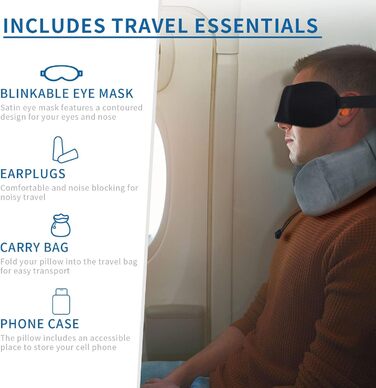 Подушка для шиї у літак - Подушка для подорожей Memory Foam - Подушка-вишенка для дорослих - з 3D-маскою для сну та навушниками - ідеальна для літака, авто, дому, офісу, сіра