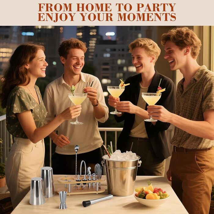 Набір для приготування коктейлів FoiiLiio 12 шт. з шейкером 750 мл, аксесуари для бару, нержавіюча сталь, бамбуковий стійкий, для дому