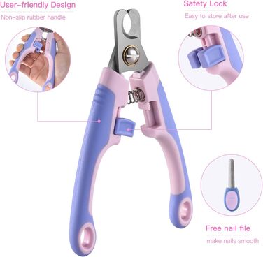 Професійна кусачка для собак та котів EooCoo, великих та середніх порід, з захистом, блокуванням та пилочкою для нігтів - ідеальний подарунок на Різдво, фіолетовий + рожевий