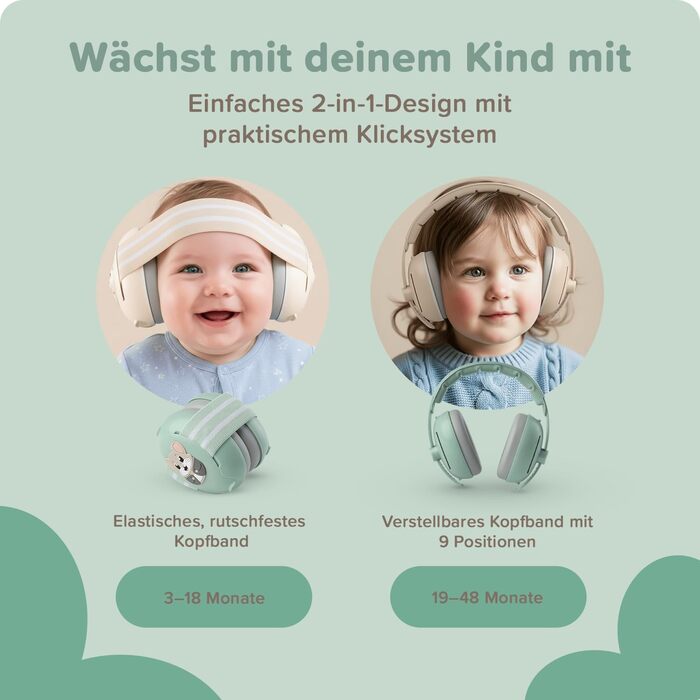 Навушники шумоізоляційні дитячі 3-48 місяців - захист слуху для малюків 25dB, шумопоглинання - м'які дитячі навушники з еластичним регульованим обручем (зелені)