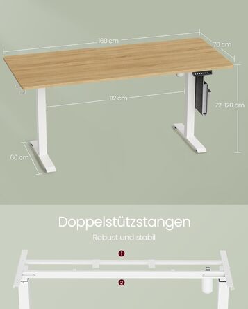 VASAGLE Electric Height Adjustable Desk - 60x120cm, Memory Function, Wood & Steel Frame