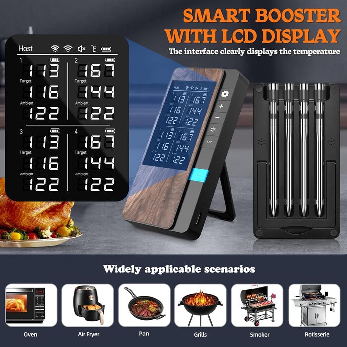 Беспроводний термометр для м'яса 4 шт. з Bluetooth, водонепроникний IP67, для приготування на грилі, в духовці, мангалі, ротатерії, фритюрниці