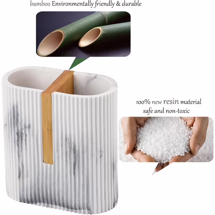 Rejomiik Toothbrush Holder, Electric Toothbrush Holder for Bathroom, Bamboo Toothbrush and Toothpaste Storage Organizer for Sink, Countertop, Marble White