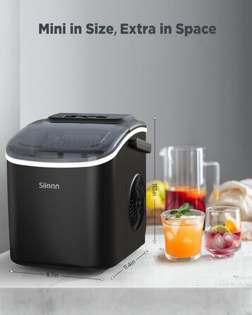 Машина для приготування льоду Silonn, компактна модель з ручкою, 9 кубиків за 6 хвилин, 12 кг льоду за 24 години, самоочищення, 2 розміри льоду, для кухні, офісу та вечірок, чорна (Dark, 1.2 л)
