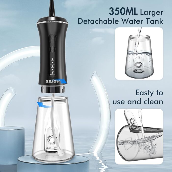Електричний ірigator для порожнини рота Sejoy Munddusche з 5 режимами, 7 насадками, USB-C, водонепроникний IPX7, 350 мл, чорний