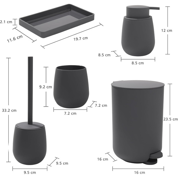 Набір для ванної кімнати AJEUNGAIN, сірий, 5 предметів: відро для сміття, тримач для туалетного паперу, диспенсер для мила, стакан для зубних щіток, піднос.