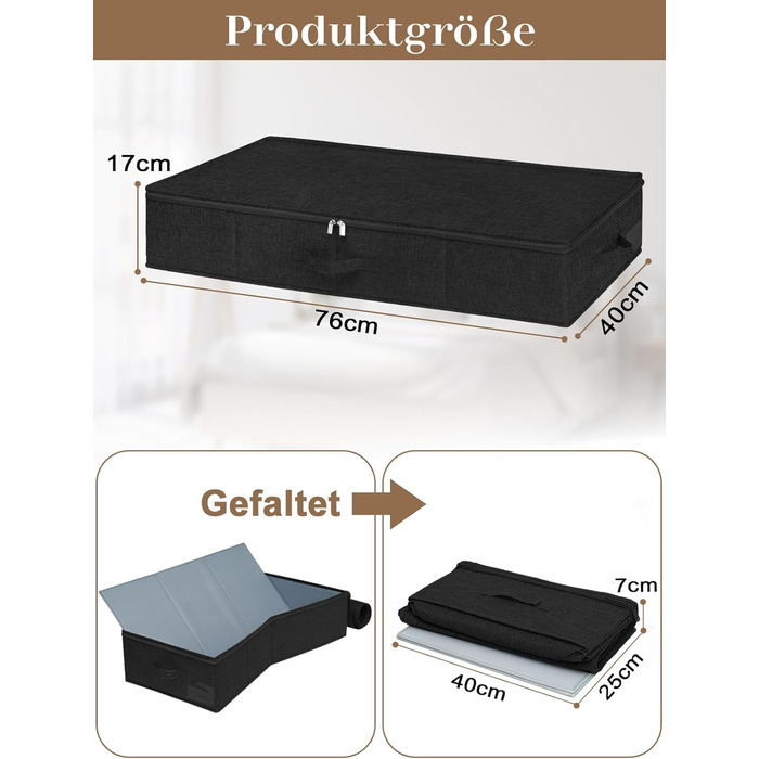 Коробки для зберігання під ліжко MePure, 2 шт. – 50л, складані, з кришкою та блискавкою, сірі. Підходять для одягу, ковдр, постільної білизни, подушок. Розмір 76×38×17 см