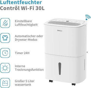 SHINCO 30L Електричний осушувач повітря з Wi-Fi, 105 м³, 5L бак, таймер, фільтр, безперервний злив (SDZ1-30D-M)