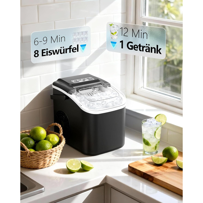 Машина для приготування льоду Eiswürfelmaschine Klein: портативна, 12 кг/24 год, 8 кубиків за 6 хв, 2 розміри, самоочищення для дому, кухні, кемпінгу, вечірки, RV