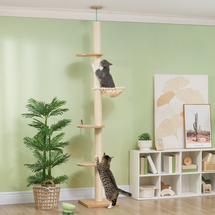 PawHut Дряпалка для котів, котячий комплекс, висота до стелі, 230-250 см, клітрова конструкція з гамаком, котячий будиночок регульованої висоти, ігровий комплекс з захистом від перекидання, плюш, дуб + кремовий | Aosom