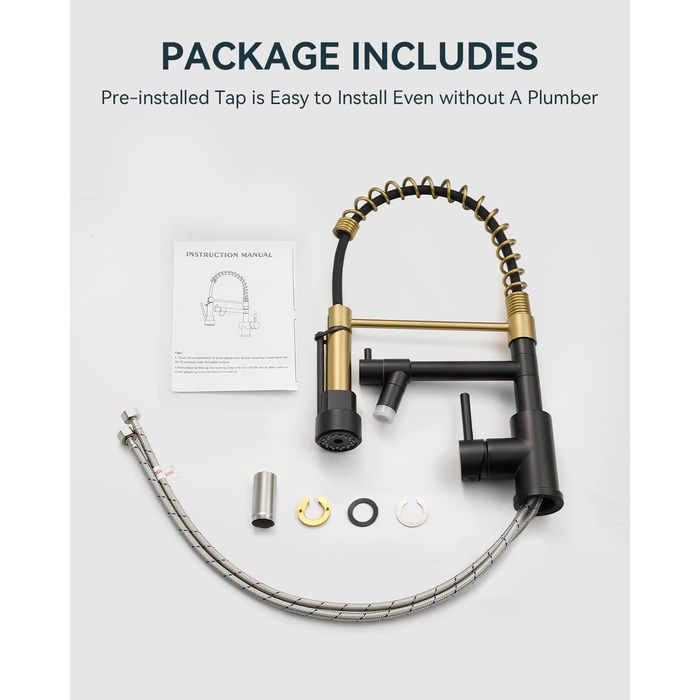 Кран кухонний LED Warmiehomy професійний, 360° поворотний, з двома виливами, високий вигин, спіральна пружина, для мийки, брашований нікель (чорний та золотий)