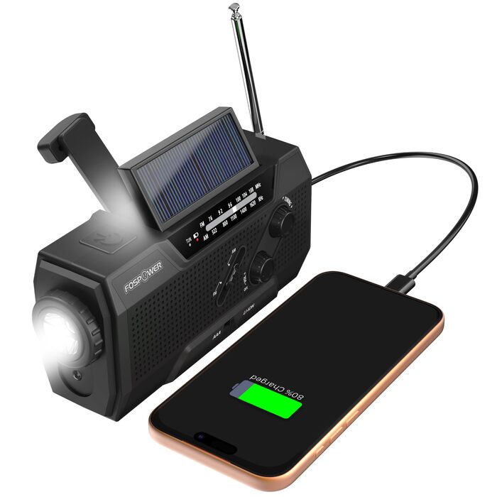 Радіо на сонячній енергії FosPower з живленням від акумулятора 10000mAh - радіо NOAA/AM/FM, USB/Solar/Ручний заряд, SOS-сигнал, ліхтарик для надзвичайних ситуацій (7400mWh, чорний)