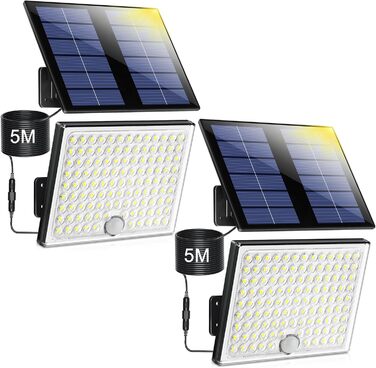 Solar Lights for Outdoors, Solar Light with Motion Sensor, 113 LED Solar Spotlight IP65 Waterproof Solar Split Wall Light with 5m Cable for Garage, Garden, Yard, Steps, Doorways, Lawn - 2 Pack