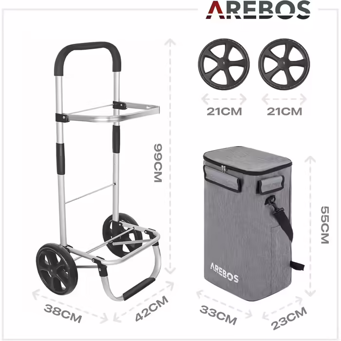 Візок для покупок Arebos 3в1, 56 л, з термовідділенням, складний, на колесах, сіра знімна сумка