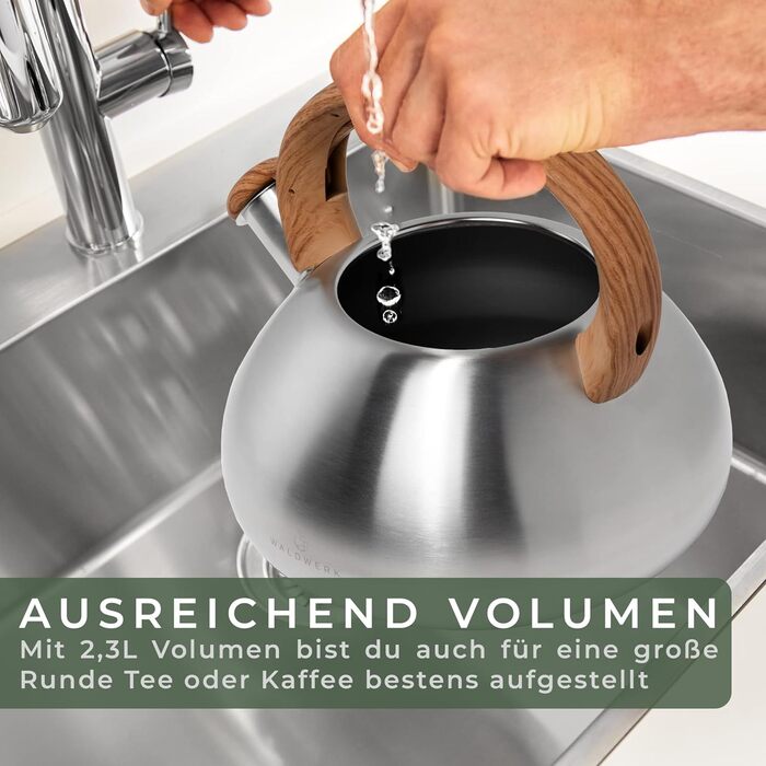 WALDWERK Water Kettle (2.3L) - Water kettle for induction and gas hob - Teapot with wood-look handle - Whistling kettle with whistle, stainless steel & plastic