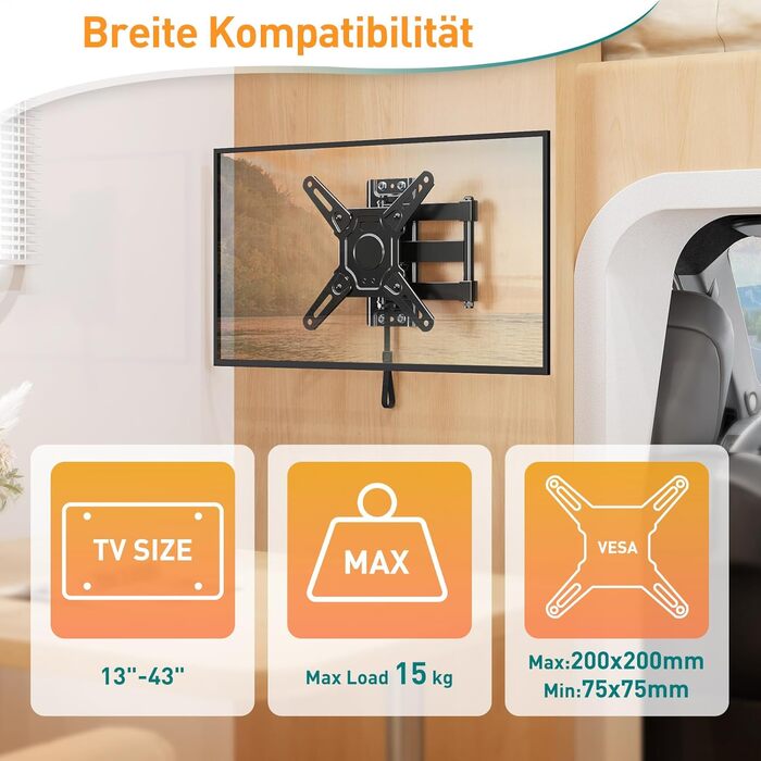 Кріплення для телевізора ELIVED RV TV - для кемпінгу, автодому, вантажівки. Підходить для телевізорів 13-43 дюймів, VESA до 200x200 мм, до 15 кг. Регульоване кріплення.