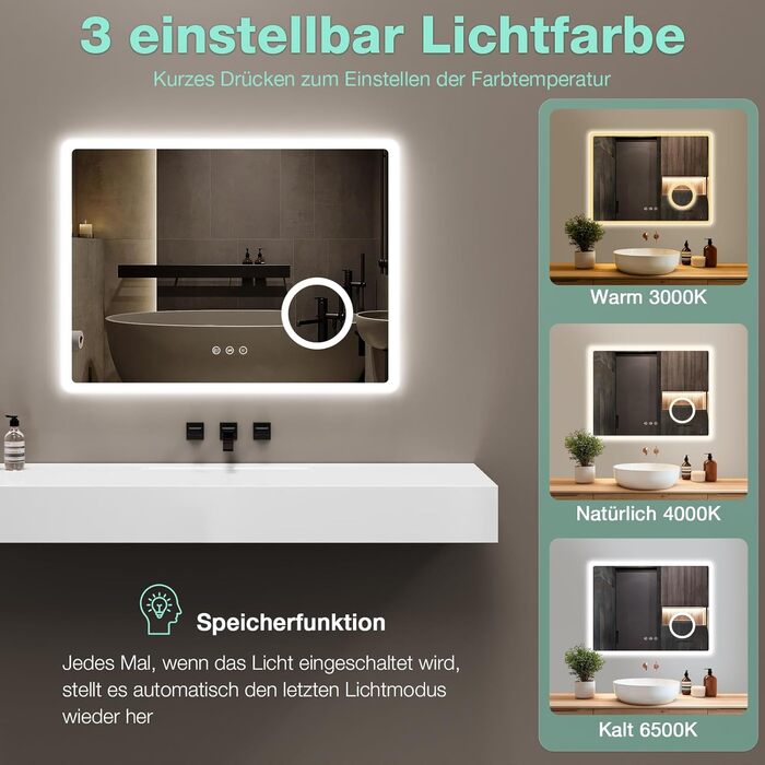 LED дзеркало для ванної кімнати 80x60 см з підсвічуванням, 3 кольори, регулювання яскравості, антизапарник, годинник, 3x збільшення, розетка