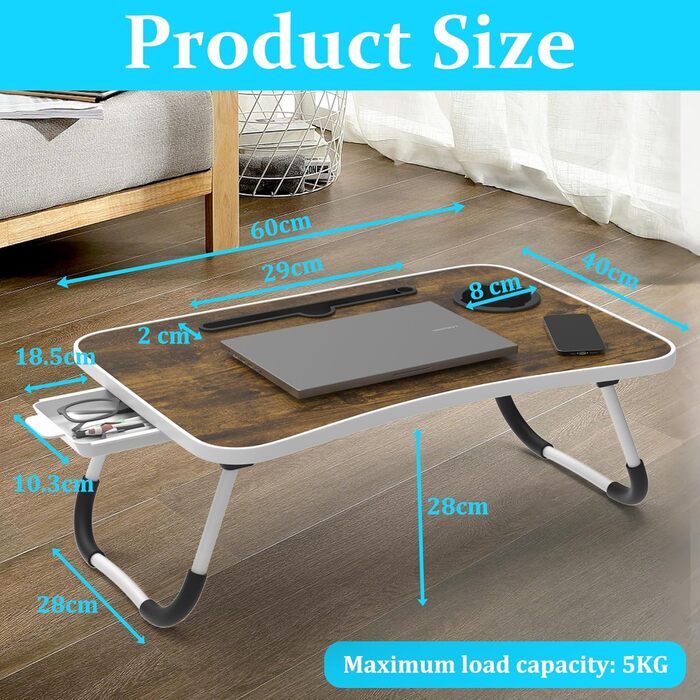 Столик для ноутбука Soontrans з ящиком, 60x40x28 см, з підстаканником та тримачем для планшета, складний, для ліжка та дивана