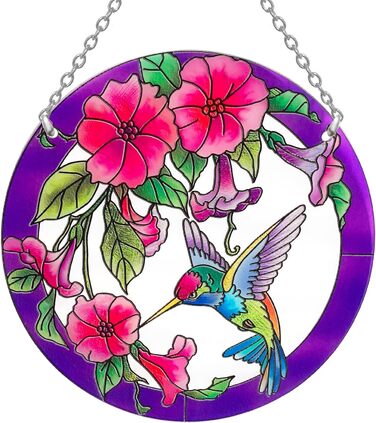 Stained Glass Window Hanging, Hummingbird Gifts for Women, Bird and Flower Window Sun Catcher, 6 inches, Purple Sun Catcher, Hand-Painted Glass for Bird Lovers (6 inches)
