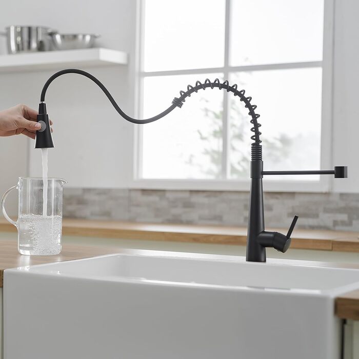 Кухонний змішувач TIMACO з поворотним гусаком 360° та висувною лійкою, чорний, з щіткою з нікелю