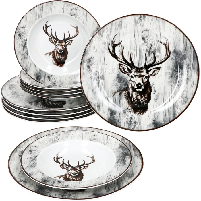 MamboCat Alois Сервіз на 12 осіб з порцелянового посуду з декором оленя (6 супових та 6 обідніх тарілок)