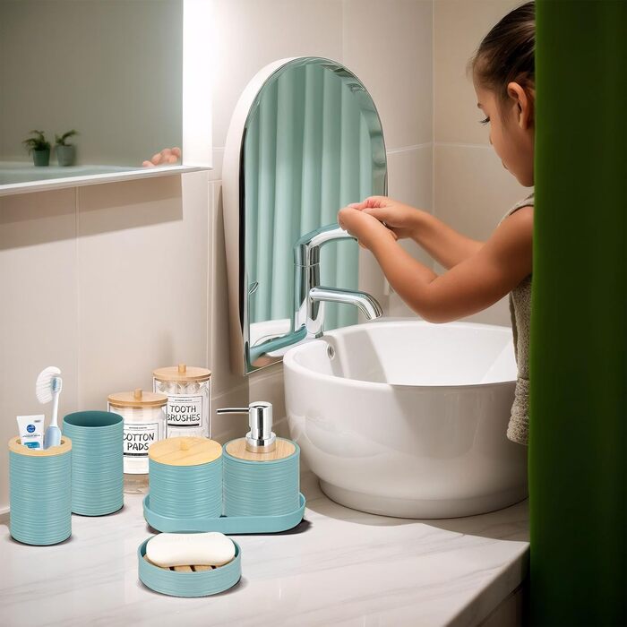 Набір для ванної кімнати IMAVO, 26 предметів: аксесуари для ванної, душова завіса, килимки, відро для сміття, піднос, дозатор для мила, мильниця, тримач для зубних щіток, стаканчик для зубних щіток (блакитний)