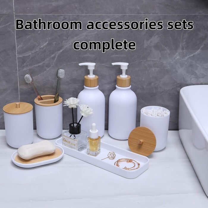 Набір аксесуарів для ванної кімнати, 9 предметів, бамбук, повний комплект: сміттєвий контейнер, дозатор мила, тримач для зубних щіток, щітка для унітазу, контейнер для ватних паличок, мильниця, матовий білий/оптичний сад