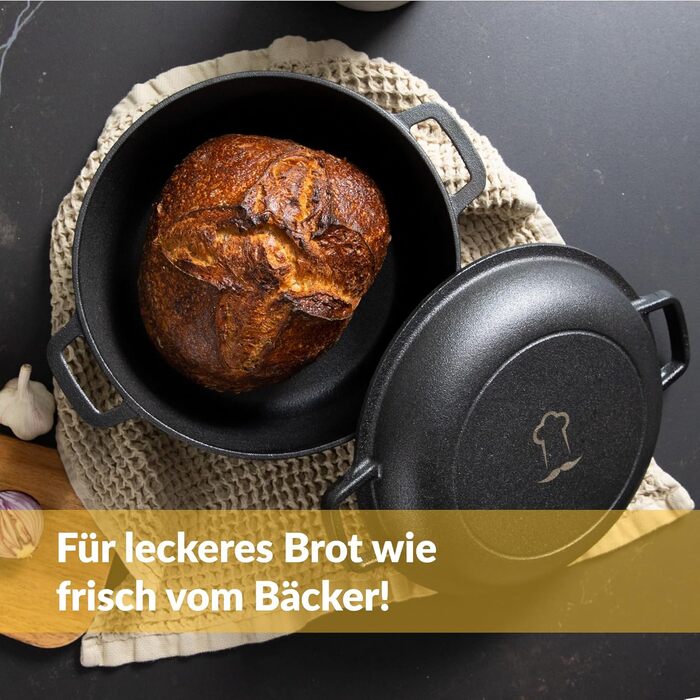 Chef's Cast Iron Dutch Oven incl. Dough Basket and Dough Scraper. Pot for Baking Bread. Bread Baking Pan with Lid 4.6L. 2-in-1 Bread Pot for Baking 26CM. Robust Bread Baking Pot. Round Bread Baking Pan. Cast Iron Pot for Baking Bread 4.6L Round