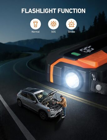 Powerbank AstroAI MF16 6000A з компресором 150PSI: старт для авто, мото, SUV (12V, 10L бензин/8L дизель), LED-дисплей, оранжевий