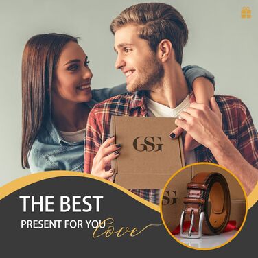 Чоловічий шкіряний ремінь GSG Since 1998 - класичний дизайн, ширина 37 мм, для бізнесу та урочистих подій, у подарунковій коробці. Колір: Sienna Brown