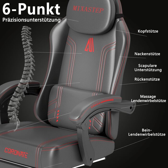 Ігровий стілець Ergonormic з регульованою спинкою та поворотом 360° - офісний стілець для дорослих/підлітків до 150 кг, тканинний червоний для дому/ігор