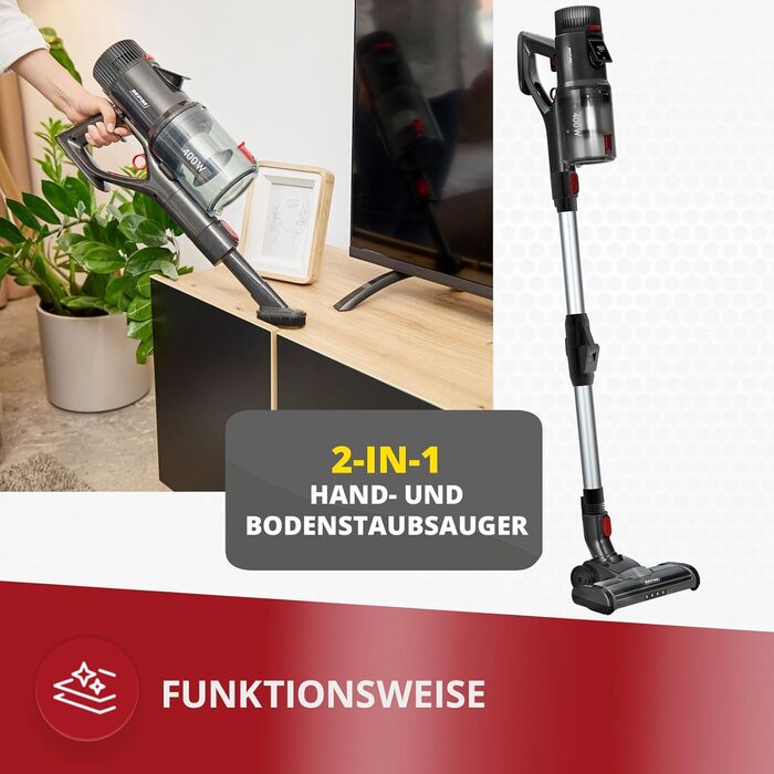 Акумуляторний пилосос MPM з цифровим дисплеєм та ручним пилососом 29,2V/250W - Інтелектуальний датчик пилу - Бездротовий акумуляторний пилосос - Пилосос без мішка - З кріпленням на стіну та аксесуарами