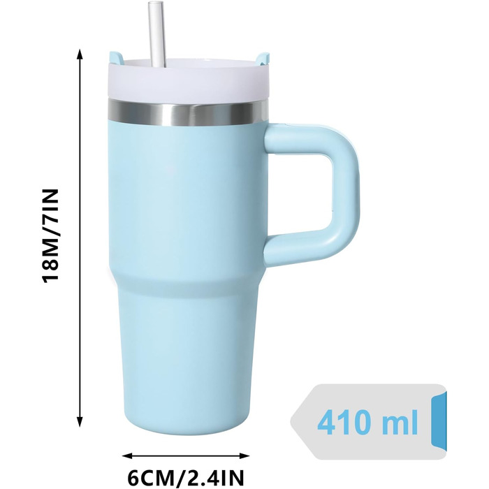 Термокружка ZAKVOP 410мл з соломкою, з кришкою та ручкою, для гарячих та холодних напоїв, блакитна