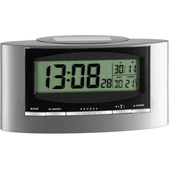 TFA Dostmann Digital Radio Alarm Clock, 98.1071, with Temperature, completely solar-powered, day of the week and date, temperature display, plastic, silver-black, L 156 x W 52 x H 81 mm