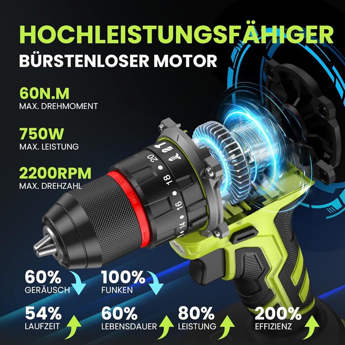 Акумуляторний дриль-шуруповерт 21V з набором аксесуарів (29 шт), безщітковий двигун, 2 акумулятори 2000 mAh, LED-ліхтар, 2 швидкості