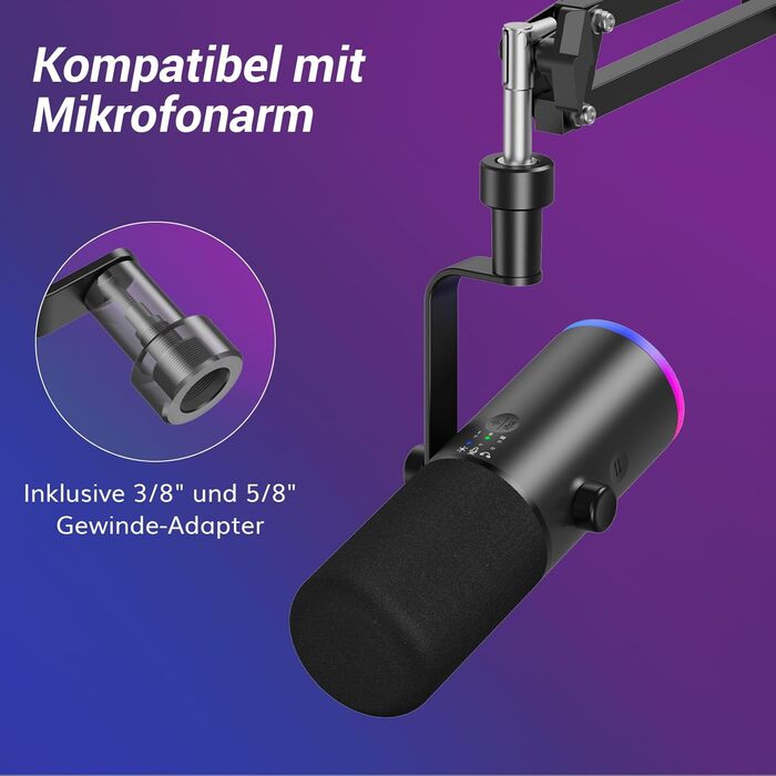 Професійний геймерський мікрофон TONOR TD510 AIR S+H XLR/USB з шумозаглушенням AI, RGB підсвічуванням, Tap-Mute, чорний