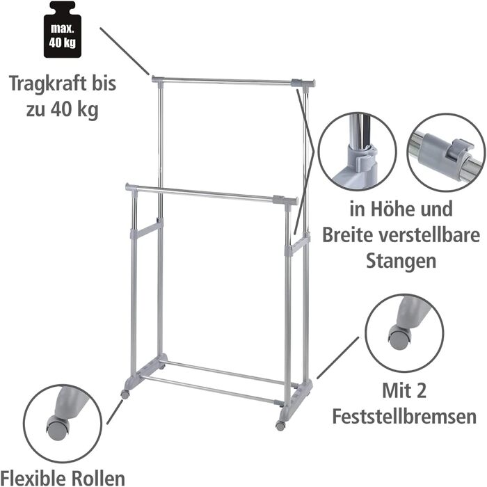 WENKO Clothes Rack, Folding, Clothes Storage with Adjustable Clothes Rod and Wheels, Plastic/Metal, 88 x 100-168 x 11-49 cm, Chrome/Grey (168 x 44 x 163 cm)
