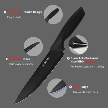 Набір ножів кухонних 15 предметів з точилкою, чорний, для нарізки, шинкування, подрібнення, безпечний для миття в посудомийній машині