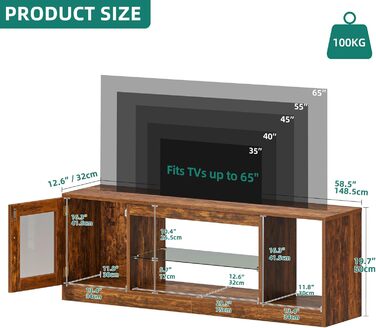 YITAHOME ТВ-тумба ретро з дерева, 148×32×51 см, з регульованою скляною полицею, LED RGB підсвіткою 144 см, пультом ДУ, коричнева