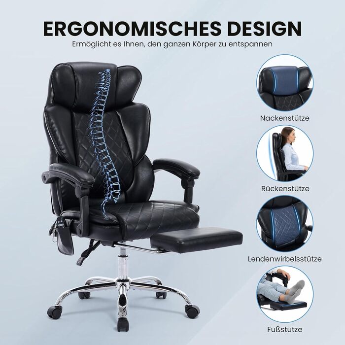 Офісне крісло Colamy з ергономічною підтримкою спини, регульованою підголівником та функцією масажу (чорний)