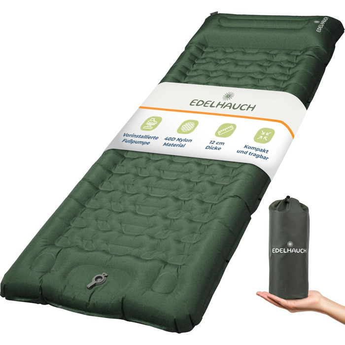 Isomatte Ultraleicht 12 см, складана з інтегрованим насосом та подушкою – килимок для кемпінгу, автомобільна матрац, повітряна матрац, зелений