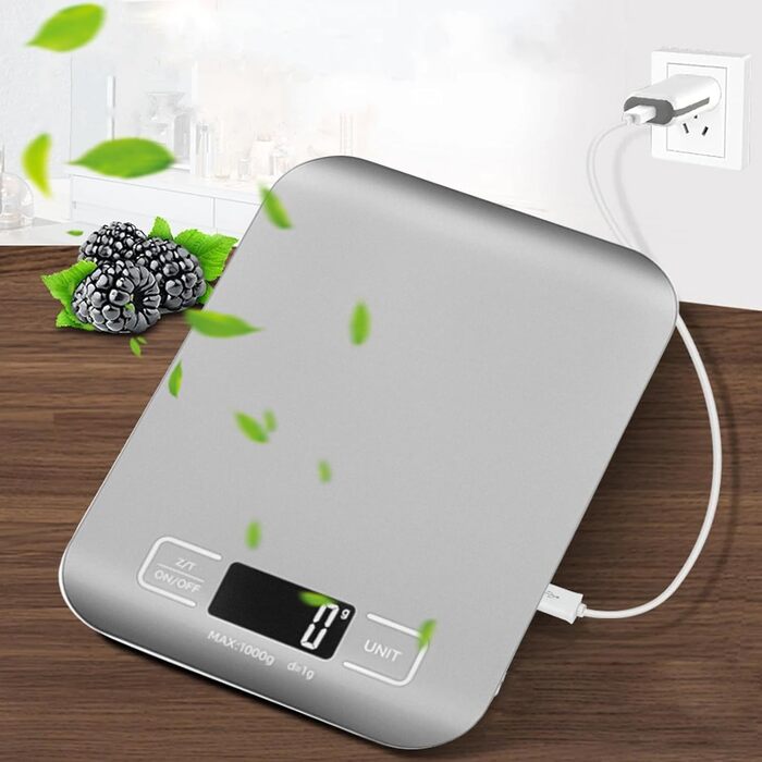 Цифрова кухонна вага, 10 кг/1 г, USB, перезарядна, з LCD дисплеєм та функцією тарування. Професійна кухонна вага, металевий білий колір.