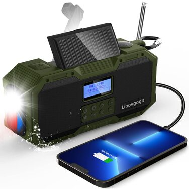 Портативне радіо Libovgogo DF-588D DAB+ FM з Bluetooth, водонепроникний динамік, радіо з ручкою, сонячна панель, Powerbank 4000mAh, ліхтарик, стробоскоп, нічник, будильник, SOS