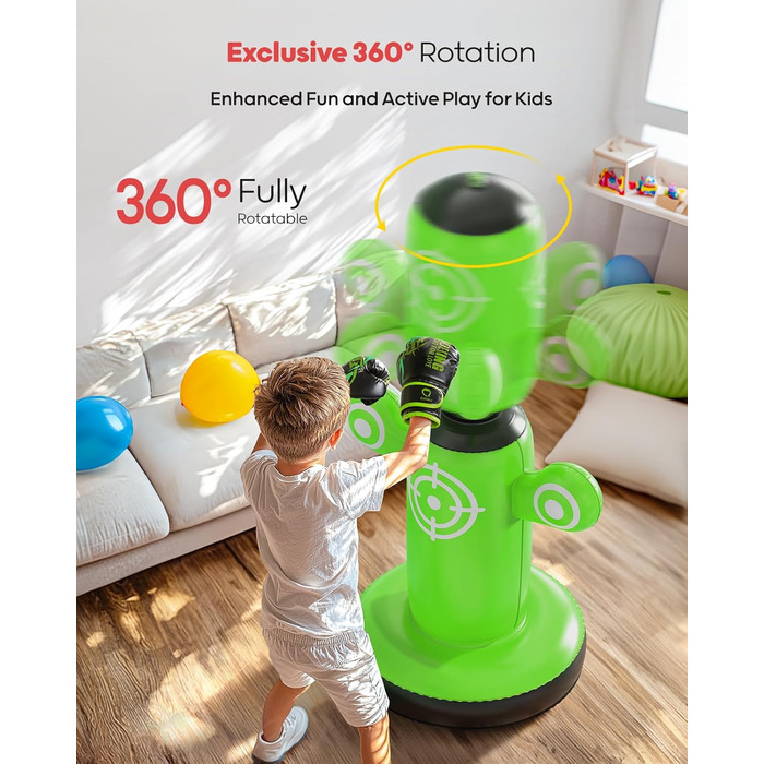 Дитячий боксерський мішок QPAU 360° з 6 цілями, для дітей 6-14 років, 163 см, з рукавичками та насосом, зелений