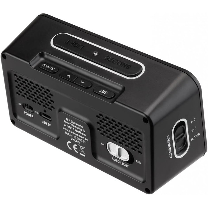 TFA Dostmann Digital Radio Alarm Clock BOXX2, 60.2562.01, German display, 2 alarm times, room climate monitoring, with weekday, with battery, black, (L) 138 x (W) 52 x (H) 72 mm