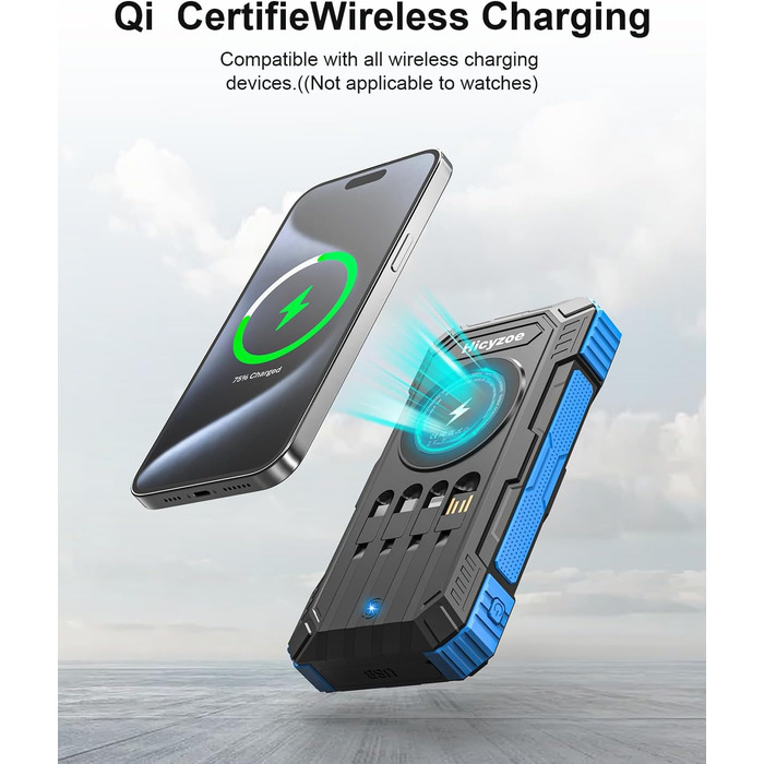 Сонячний повербанк 26800 mAh з 4 кабелями, швидка зарядка USB-C, Qi бездротова зарядка, LED ліхтарик - для телефонів, планшетів, кемпінгу (Синій)
