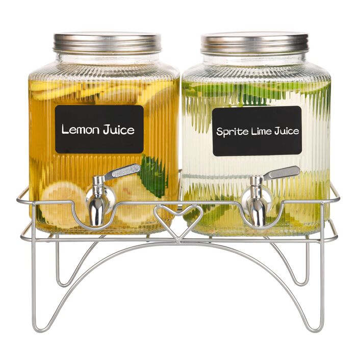 2 шт. диспенсер для напоїв на 4.5 л зі скляним краном, широка горловина, диспенсер для напоїв, підставка та нержавіюча сталь - для вечірок, коктейлів, соку, води та напоїв 4.5 л, 2 шт.