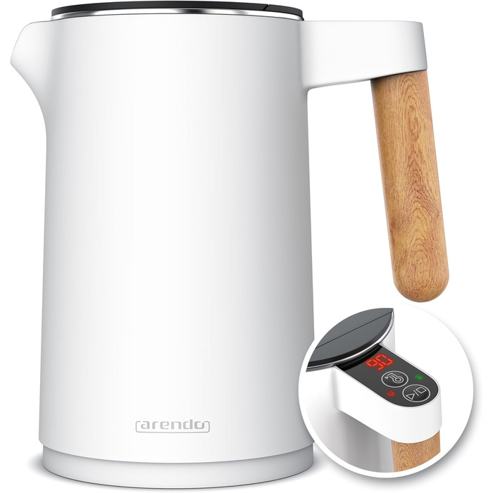 Arendo - Stainless Steel Kettle with Temperature Setting - 45°C-100°C - 1.5 Liter - Double-Walled - BPA Free - Keep Warm Function - Tea Kettle with Temperature Indicator - Cool Touch Handle - Matte White