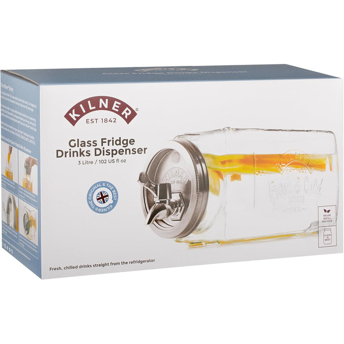Диспенсер для напоїв KILNER з краном, 3 л, для холодильника, скляний, великий отвір для легкого наповнення