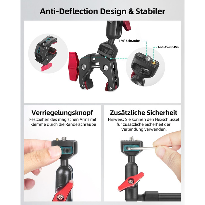 Гнучкий кріплення для камери з супер-зажимом Magic Arm, 56 см, 360° - чорно-червоний